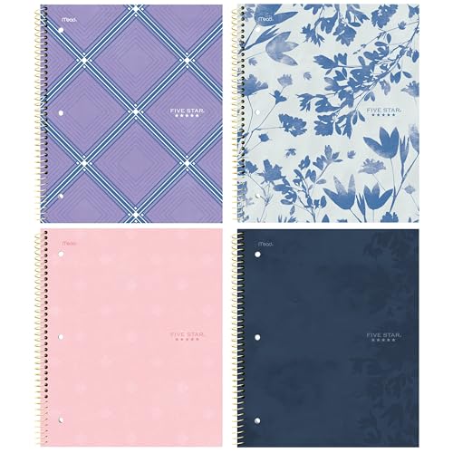 Five Star Spiral Notebook + Study App, 1 Subject, College Ruled Paper, 8-1/2" x 11", 80 Sheets, Styles, 4 Pack (850222F)