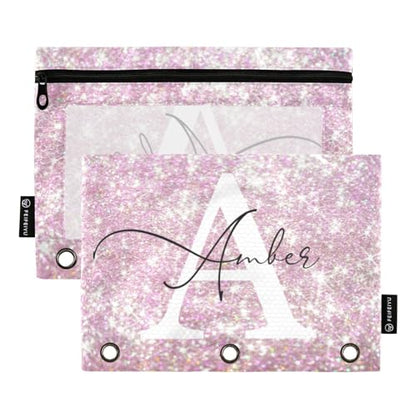 Personalized Pencil Pouch for 3 Ring Binder Pink Pearl Glitter Sequins Custom Pencil Pouches Case Binder Cosmetic Bag 2 Pack for Office School College Supplies - color: Pink Pearl Glitter
