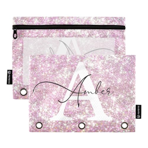 Personalized Pencil Pouch for 3 Ring Binder Pink Pearl Glitter Sequins Custom Pencil Pouches Case Binder Cosmetic Bag 2 Pack for Office School College Supplies - color: Pink Pearl Glitter