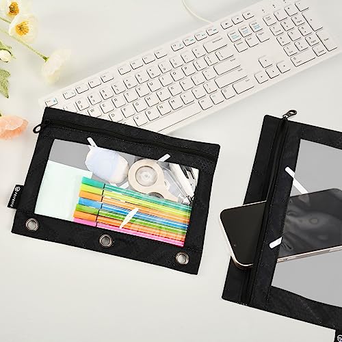 Fisyme Hockey Stick Puck Black Pencil Pouch for 3 Ring Binder Pencil Case Pencil Bag Zipper Pouch with Clear Window for Office Supplies 2 Pack - color: multi-13