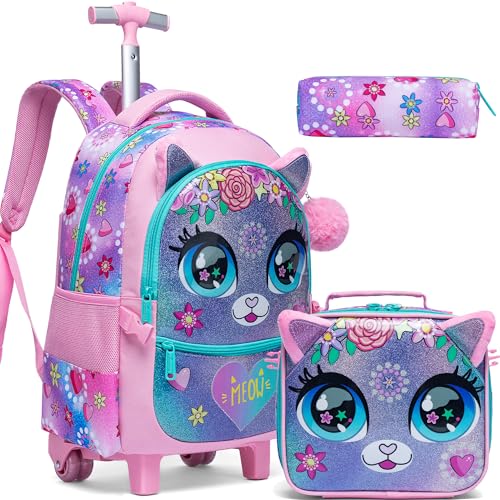 Meetbelify Rolling Backpack for Girls Backpacks with Wheels for Elementary School Students Kids 2 in 1 Travel Luggage Suitcase for Girls Age 8-10 - color: Flower