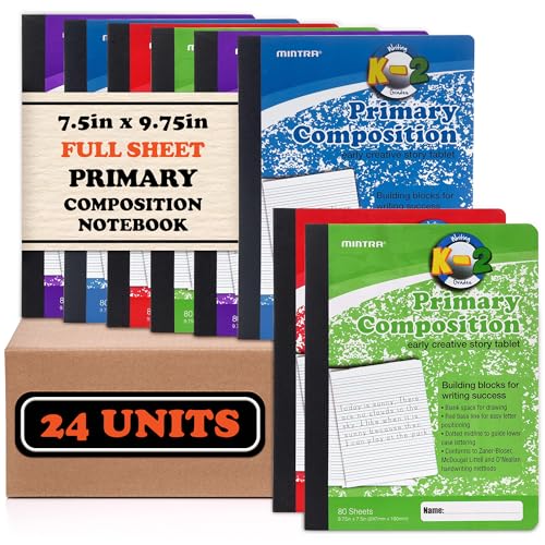 Mintra Primary Composition Notebook, 24 units 6-4 Pack, Assorted Colors, 80 Sheets, 7.5in x 9.75in, Full Sheet, Ruled with Drawing Area, Flexible Hardcover Journal, Grades K-2, School & Home Use - color: Primary Ruled - Assorted - Full Sheet, size: 24 uni