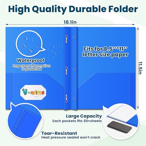 V-Opitos 120 Packs 2 Pocket Folders with 3 Prongs Fastener Clasps, Bulk Heavy Duty Plastic Folders, Multicolor Files Folders in 6 Colors for School and Office