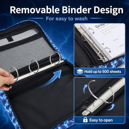 Zipper Binder Folder Keeper with Strap 2 Inch 3 Ring Multi-Pocket Zipper Bag for 13" Laptop 5-tab Expanding File Folder for Women Men Office Middle High School(Blue,Lightning) - color: Blue, style: Lightning
