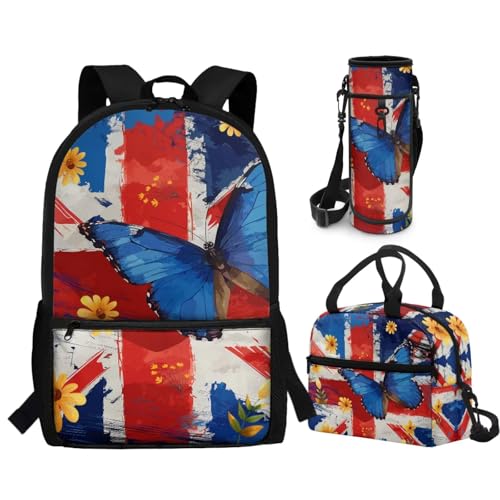 CLOHOMIN Butterfly Kids Bookbag and Lunch Box Set for Girls 5-8, 3 in 1 The Union Jack Backpack with Lunch Bag + Water Bottle Sleeve 17 Inch Schoolbag for Boys 4th Grade Insulated Lunch Tote - color: Butterfly the Union Jack