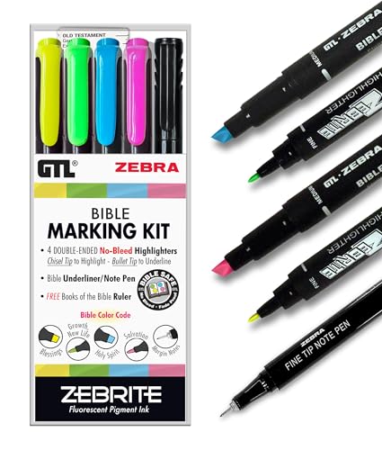 G.T. Luscombe Company, Inc. Zebrite Bible Marking Kit | No Bleed Pigmented Ink | No Fading or Smearing | Double Ended Highlighters, Note Pen & Books of the Bible Ruler/Bookmark (Set of 5 + Ruler)