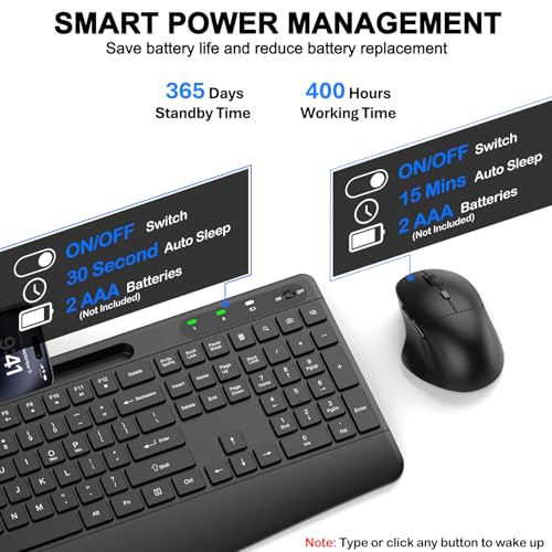 Ergonomic Wireless Keyboard and Mouse Combo, Full-Size Silent Keyboard with Wrist Rest & Phone Holder, 3 DPI Adjustable Mouse, 2.4G Lag-Free Cordless, Long Battery Life for PC Laptop Mac Windows