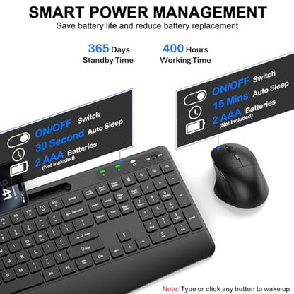 Ergonomic Wireless Keyboard and Mouse Combo, Full-Size Silent Keyboard with Wrist Rest & Phone Holder, 3 DPI Adjustable Mouse, 2.4G Lag-Free Cordless, Long Battery Life for PC Laptop Mac Windows