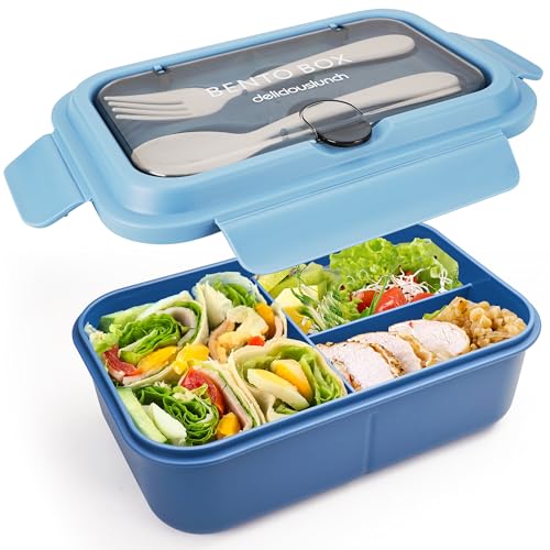 Fanhaw 40 Oz/5 Cup Bento Box for Kids, Men and Women, Lunch Box with 3 Compartments, Utensil, Microwave & Dishwasher Safe (Blue) - color: Blue