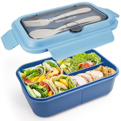 Fanhaw 40 Oz/5 Cup Bento Box for Kids, Men and Women, Lunch Box with 3 Compartments, Utensil, Microwave & Dishwasher Safe (Blue) - color: Blue