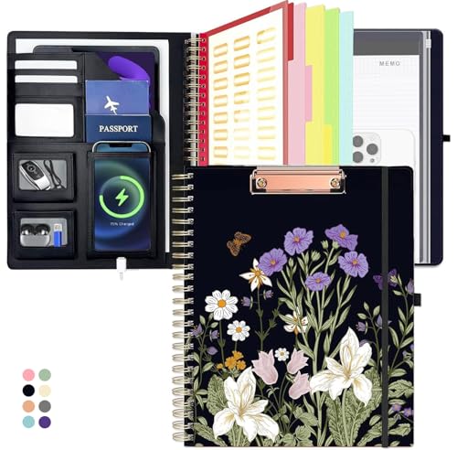 Foldable Spiral Clipboard Folio with Storage Zipper Pouch, 5 Plastic Folders with Pockets,Refillable Lined Notepad (8.5" x 11"), Hardcover Project Organizer with 36 Stickers，Weeds - color: Weeds