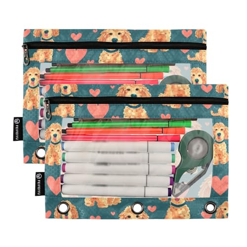 Fustylead Lovely Hand Draw Poodle Dog and Hearts Doodle Pencil Pouch Fits Standard 3-Ring Binders, Zipper Binder Pencil Bag with Clear Window for School Office Cosmetic 2 Pack - color: Blue03 Poodle Dog and Heart