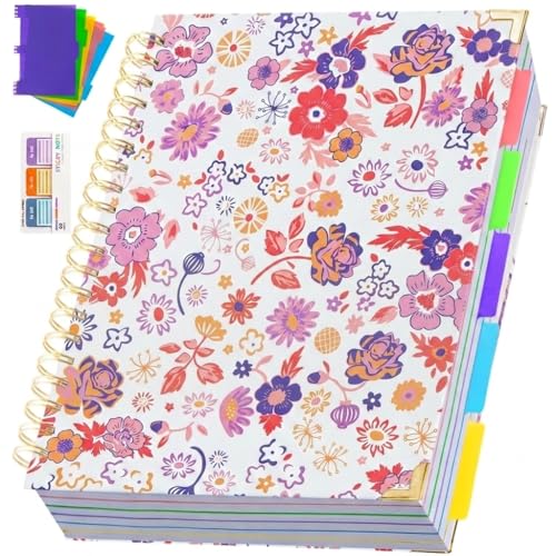 Hardcover Spiral Notebook 8.5" x 11" with Removable Dividers, 300 Pages 5 Subject College Ruled Notebook for Work with Tabs, A4 Spiral Journal for Women Men, School Students Note Taking, Purple Floral - color: 5 Subject Purple-fl