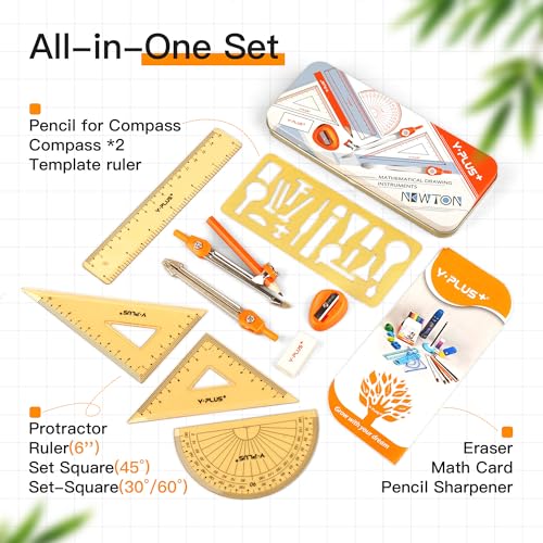 YPLUS Geometry Set, Protractor and Compass Set for Students, 11Pcs | Compass Drawing Tool with Metal Case, Protractor, Formula Card, Rulers, Mechanical Pen, School Supplies for Students - size: 1 Count (Pack of 11)