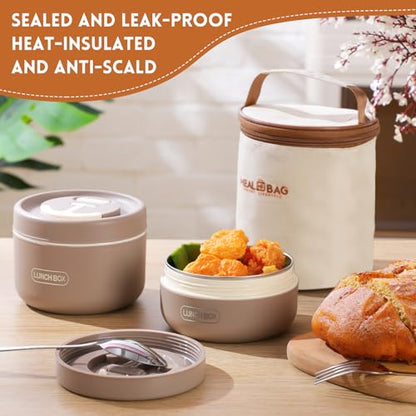 Dandat 2 Pcs Portable Insulated Lunch Containers Thermal Bento Box with Bag Fork Knife Stainless Steel Lunch Box 15.2 oz 21 oz Separate Stackable Food Jar for Adult Men Women(Khaki) - color: Khaki