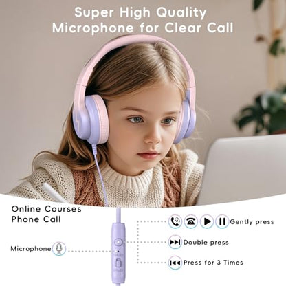 Candy Bila Kids Headphones, Wired Headphones for Kids Over Ear with Microphone, 85/94dB Volume Limiter Headphone for Girls Boys, Foldable Headphone for Learning & Entertainment, Gradient Pink - color: Gradient Pink
