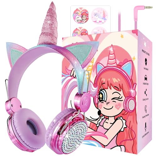 Kids Unicorns Headphones with Mic for School/Travel,95dB Volume Limited,Shareport,On/Over Ear Wired Headsets with Nylon Cable-Hot Pink - color: Rose2
