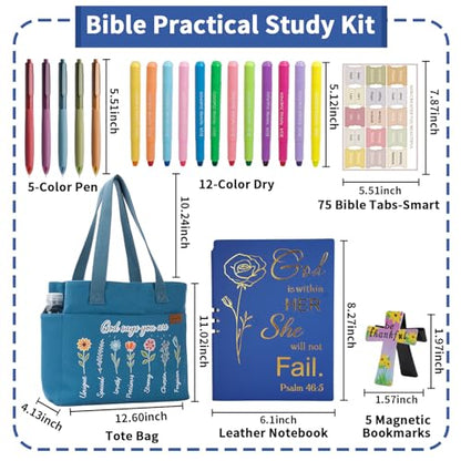 25 PCS Bible Study Supplies Kit, Large Capacity Canvas Tote Bag for Women Organizer, Bible Highlighters and Quick Dry Pens No Bleed Through, Notebook Bible Tabs Cross Bookmark Journaling Accessories - color: Blue