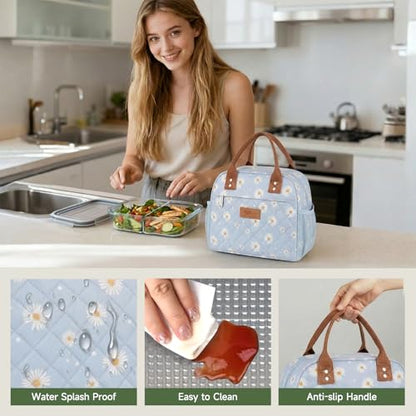HOMESPON Insulated Lunch Bag for Women Men, Cooler Tote Box, Blue Daisy | Front Pocket, Side Mesh Pockets, Reusable, for Work, Picnic, Food Container - color: Blue Daisy