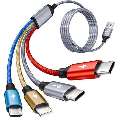 4 in 1 Multi Charging Cable,Dual Type-C Multiple Charger Cable Nylon Braided Multi USB Cable Charging Cord with IP/Type C/Micro USB Ports for Cell Phones/iPhone/Tablets/Galaxy & More-1Pack 5ft. - color: Red_Gray_Gold_Blue, size: 1Pack5FT