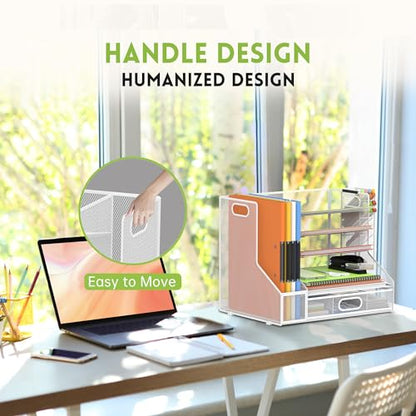 5-Tier Desk Organizer with File Holder & Pen Holder & Sliding Drawer, White | Mesh Metal Paper Letter Tray for Papers, Mail, Office Supplies, and Desk Accessories - color: White