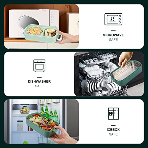 2-Tier Bento Lunch Box for Women & Adults with Insulated Lunch Bag | 50 OZ Large Capacity Bento Box with BPA-Free Utensils & Cup & Sauce Container, Leakproof, Microwave Safe for Work & Meal Prep - color: Green