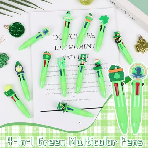 CCINEE 24pcs St Patricks Day Mini Multicolor Pens In One, Green Clover Ballpoint Pens Bulk Cartoon Retractable Party Favor Writing Pen for St Patricks Day School Office Gifts - color: Green