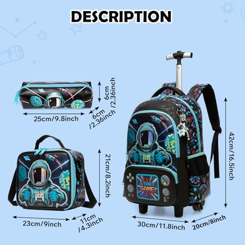 Kids Rolling Backpack for Boys Astronaut Trolley Suitcases Luggage with Wheels Bookbag Wheeled 3pcs Preschool Students Elementary Teenagers Lunch Box Pencil Case Blue for Age 5-10 - color: Blue-0201-yuhangyuan