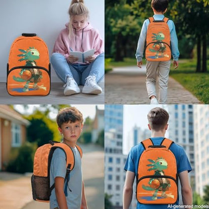 17 Inch Kid's 4PCS Backpack Set, Back to School Essentials | Insulated lunch box, water bottle pouch, pencil case, lightweight, padded shoulder straps, for elementary, middle school - color: Basketball Axolotl