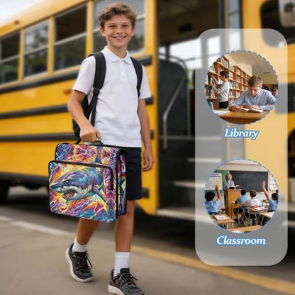 Fire and Lightnbing Shark 3 Ring Zipper Binder Bag with Laptop Pockets and Shoulder Strap Tote Binders Organizer Case for School Office - color: Lightnbing Shark