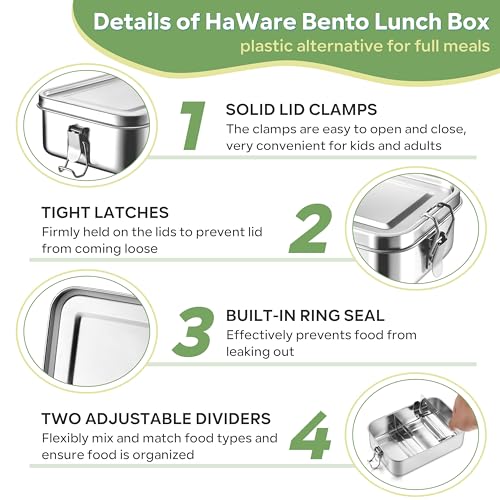 HaWare Stainless Steel Bento Box, 29oz (850ML) Lunch Box Container with Lids and 2 Removable Dividers, Metal Lunch Containers with Locking Clips, Leak-Proof Food Storage Containers for Work School - size: 29 oz