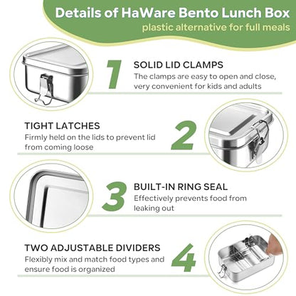HaWare Stainless Steel Bento Box, 29oz (850ML) Lunch Box Container with Lids and 2 Removable Dividers, Metal Lunch Containers with Locking Clips, Leak-Proof Food Storage Containers for Work School - size: 29 oz