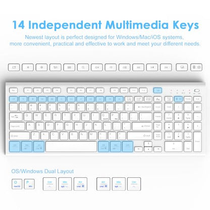 FENIFOX Wireless Keyboard and Mouse, Rechargeable USB C Combo Silent Quiet Compact Full Size Flat with Number Pad Soft Cover for Mac MacBook iMac Windows PC Laptop Computer Office - White - color: White