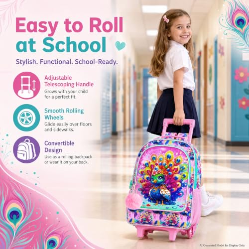 3Pcs Rolling Backpack for Girls, Kids Roller School Backpack with Wheels, Peacock Wheeled Bookbag for Elementary Preschool Kindergarten(Pink) - color: Peacock Pink
