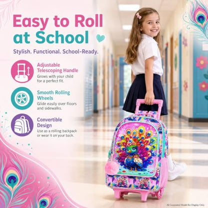 3Pcs Rolling Backpack for Girls, Kids Roller School Backpack with Wheels, Peacock Wheeled Bookbag for Elementary Preschool Kindergarten(Pink) - color: Peacock Pink