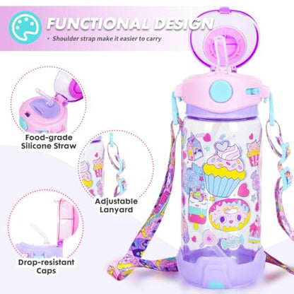 Kids Water Bottle with Straw/Lanyard for School Kids Girls Boys, 22oz BPA Free Child Drinking Water Bottle One-Click-Open Leak-Proof Locking Flip Lid for School Sport Travel - color: H09. Dessert