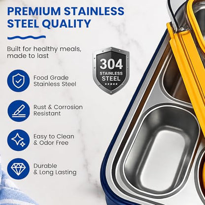 Large 10 x 7.5" Stainless Steel Bento Lunch Box with 4 Compartments Leakproof Lid BPA-Free 304 Stainless Steel Food Container - Keeps Food Separate for Adults and Kids School Office and Travel, Yellow - color: Yellow