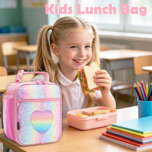 FlowFly Kids Lunch box Insulated Soft Bag Mini Cooler Back to School Thermal Meal Tote Kit for Girls, Boys, Glitter-RainBow - color: Glitter-RainBow