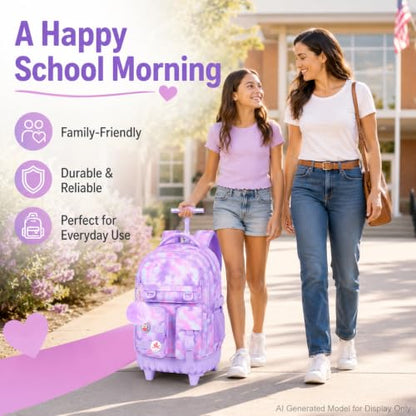 WZLVO 3PCS Backpack with Wheels, Water Resistance Girls Rolling Bookbag, Women Aesthetic Roller School Bag Set with Lunch Box & Pencil Bag for Teens & Kids - Purple Tie Dye Cloud - color: 3pcs Girls Rolling Backpack - Purple Tie Dye Cloud
