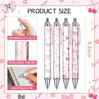 Pink Ballpoint Pens Favors - Retractable 24 Pcs Black Gel Ink Ball Point Pen Fine Cute Coquette Bow Tie Writing Supplies Fancy Gifts for Lovers Girls Nurse Teacher Assistants Office Work - style: Bow