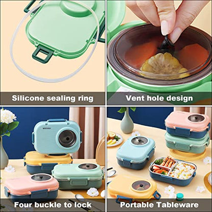 3 Compartments Bento Lunch box with Soup Bowl, Insulated Lunch Bag and Portable Utensils, Stainless Steel Camera Lunch Containers，Leak Proof Bento Box for Kids Adults Men Women… - color: 900ml-Green