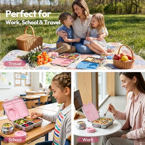 Stainless Steel Bento Lunch Box with 8oz Insulated Food Jar, 3 Compartment Metal Bento Lunch Container for Kids & Adults with Silicone Container and Food Thermo for Work & School, BPA-Free(Pink) - color: Pink