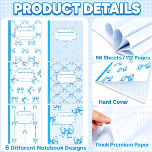 6 Packs 112 Pages Composition Notebook for Back to School 7-1/2" x 9-3/4" | Cute Blue Bow Composition Notebook College Ruled Bulk for First Day of School Offices - color: Blue