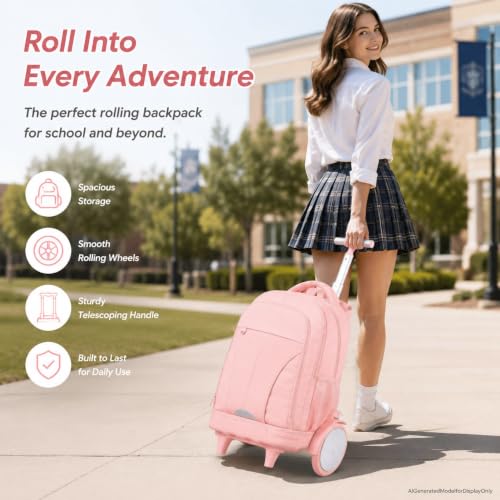 gxtvo Large Wheels & Quiet Glide | Women & Girls Roller Backpack - Water-Resistant Wheeled Bag with Lunch Box for Office, Travel & College - Pink - color: Rolling Backpack Reflective Pink