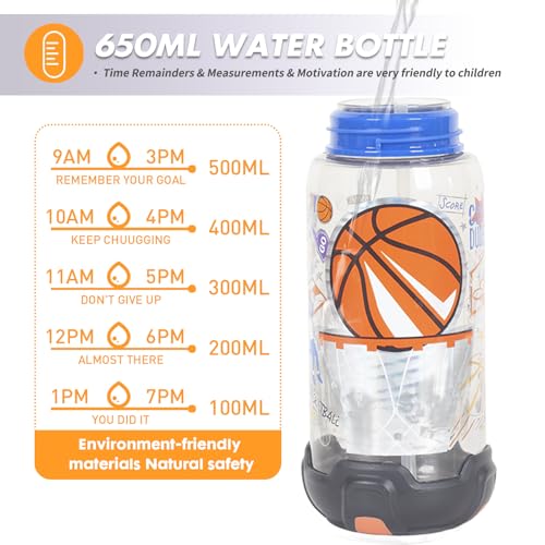 Kids Water Bottle with Straw/Lanyard for School Kids Girls Boys, 22oz BPA Free Child Drinking Water Bottle One-Click-Open Leak-Proof Locking Flip Lid for School Sport Travel - color: H12. Basketball