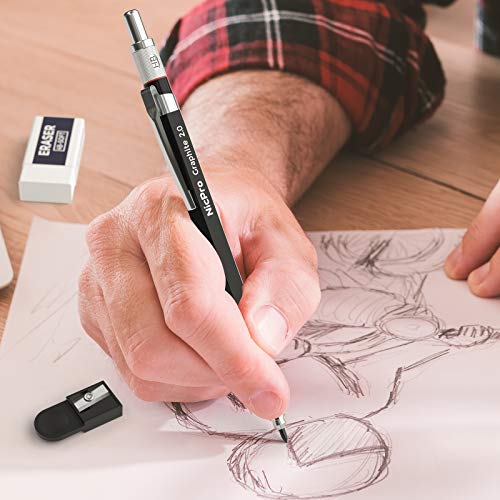 Nicpro 2.0 mm Mechanical Pencil Set, Artist Metal Lead Holder Metal Marker Carpenter pencils with 60 Graphite Lead Refill HB, 2H, 4H, 2B, 4B, Eraser, Sharpener for Draft Drawing, Writing Art Sketching - size: 1 Count (Pack of 1)
