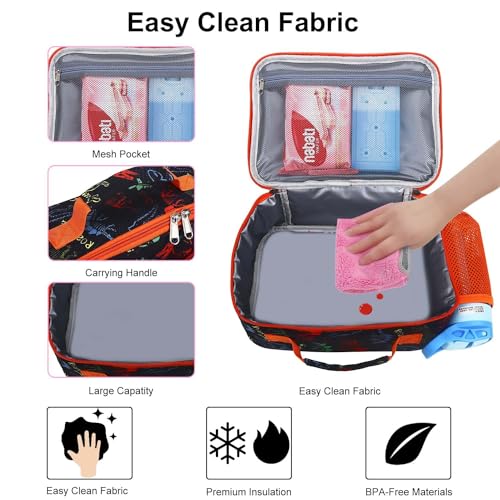 RHCPFOVR Kids Lunch Bag - Insulated Lunch Box for Boys Girls,Washable Lunch Bag and Reusable Toddler Leak-proof Lunchbox for School and Daycare - color: Orange & Black Dinosaur