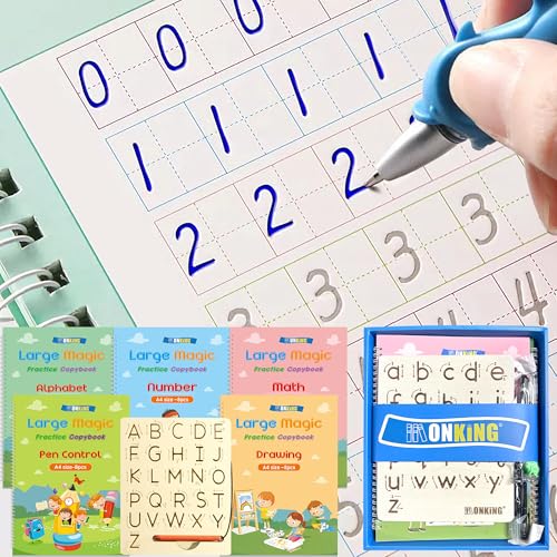 Large Handwriting Magic Grooved Practice Copybook Set: 5-Pack with Wooden Alphabet Tracing Board, Reusable Letter Learning Kit for Kid Age 3-8, Ideal for Kindergarten and Preschool Calligraphy Control - style: 5pc+2pen-Pro