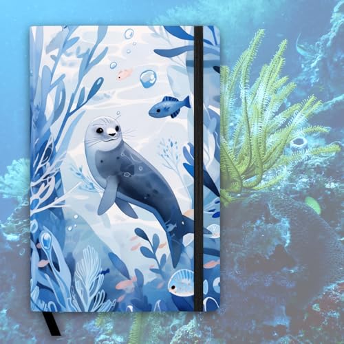 RICCO BELLO Wide Ruled Hardcover Diary Journal, Seal | For Kids & Tweens, Bookmark & Band Closure, Storage Pocket, 5.7 x 8.4 Inches, 192 Pages - color: Blue Seal