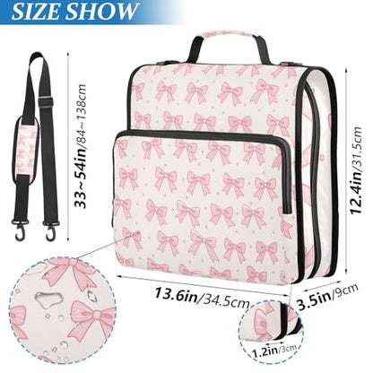 Pink Bow 3 Ring Binder Organizer, 500 Sheets Zipper Binder Portfolio with Shoulder Strap & Handle Multi-Pockets File Folder